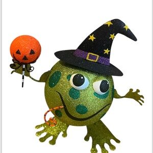 Pier 1 Glitter Frog Toad Witch Black Hat Green Toad Orange Pumpkin RARE Retired